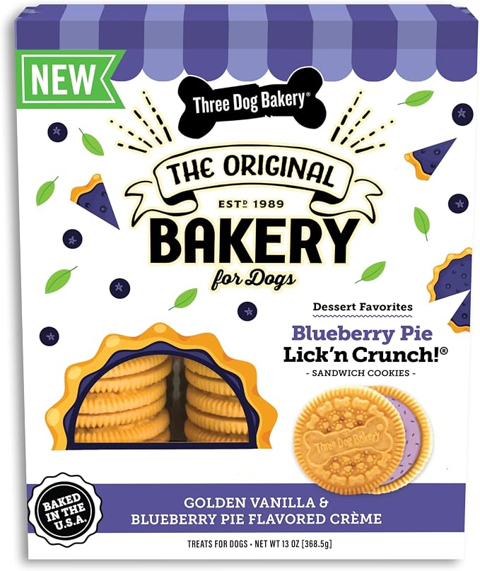 Three Dog Bakery Blueberry Pie Lick’n Crunch! Dog Treats, Dessert-Inspired Sandwich Cookies with Real Blueberries & Vanilla, Crunchy Baked Dog Cookies, Made in The USA, 13 oz