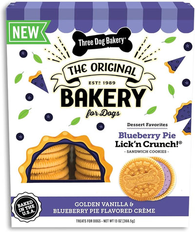 Three Dog Bakery Blueberry Pie Lick’n Crunch! Dog Treats, Dessert-Inspired Sandwich Cookies with Real Blueberries & Vanilla, Crunchy Baked Dog Cookies, Made in The USA, 13 oz
