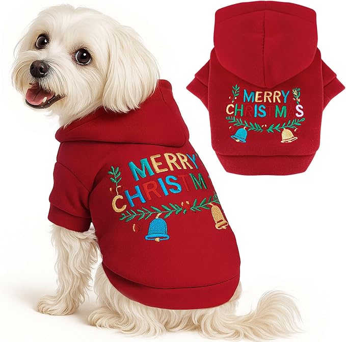 ABRRLO Small Dog Hoodie Clothes Red Christmas Dog Outfit Warm Fleece Dogs Sweater for Small Dogs Cat Boy Girl Cute Puppy Sweatshirt with Leash D Ring Xmas Doggy Costume Chihuahua Yorkie Shihtzu(Red,L)