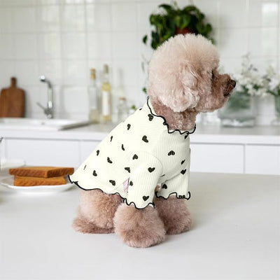 Pet Clothes for Small Dogs Cat Summer Fall Heart Print Shirt Stretchable Ruffle Long Sleeve Outfits for Chihuahua Schnauzer Shih Tzu Yorkie (Beige, Medium)