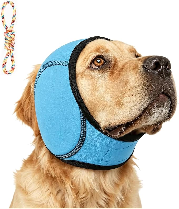 Zenpup Noise Cancelling Ear Wrap, Dog Ear Muffs Noise Protection Firework Thunder Vacuum, Elastic Dog Ear Wrap with Sound-Blocking Rubber Pads, No Shake, Adjustable (Blue, Large)