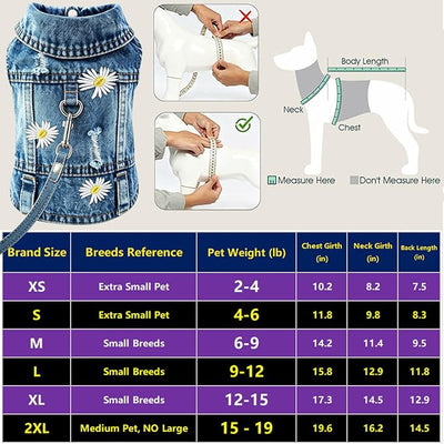 Denim Vest Jacket for Small Medium Dog Clothes Jean Apparel Cute Outfit for Dog Cat Girls Boys Puppy Costume Dog Harness Dress Shirt Chihuahua Yorkie (Many Daisy with D Ring, Small)