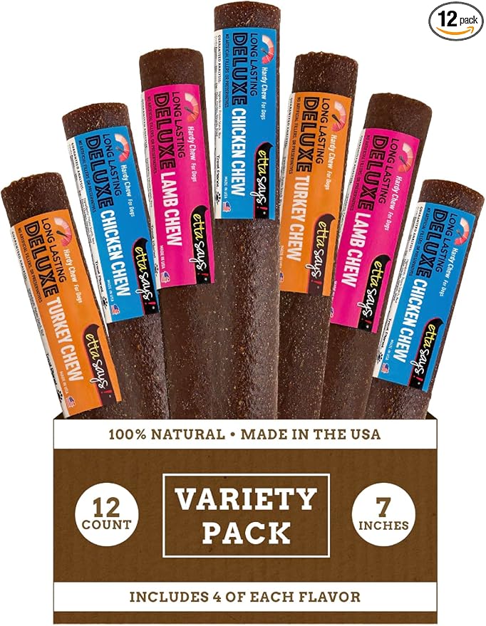 Deluxe Crunchy Dog Chews 7” Variety - All Natural, Long-Lasting Chews - Made in the USA (12 Count Pack of 1)