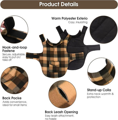 ASENKU Dog Winter Jacket Plaid Reversible Vest, Waterproof Dog Coat for Cold Weather, Perfect for Small to Large Dogs (Coffee, XS)