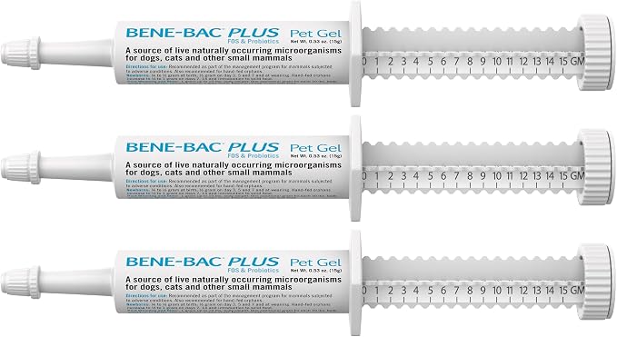 Bene-Bac Plus Pet Gel - 15 g Syringe, Pack of 3 - FOS & Probiotics for Dogs, Cats, Exotic & Wildlife Mammals