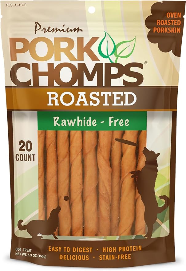 Roasted Pork Skin Dog Chews, 5 Inch Mini Twists, 20 Count - Long-Lasting Treats for Dogs - High Protein, Rawhide-Free, Low Fat, Healthy & Delicious Chews