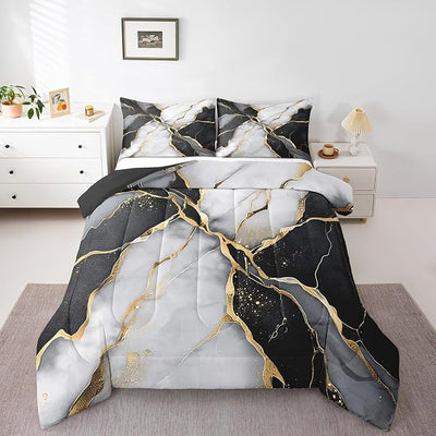 Black Marble Comforter Set,Gold Metallic Marble Down Comforter for Kids Boys Teens Adult, Black Gold Abstract Marble Texture Bedding Set Full Size, Boho Hippie Duvet Sets with 2 Pillow Cases