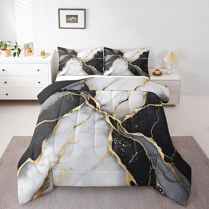 Black Marble Comforter Set,Gold Metallic Marble Down Comforter for Kids Boys Teens Adult, Black Gold Abstract Marble Texture Bedding Set Queen Size, Boho Hippie Duvet Sets with 2 Pillow Cases
