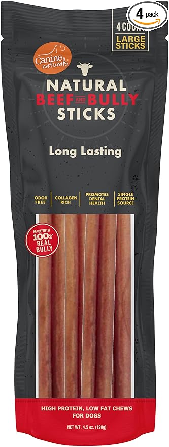 Natural Beef & Bully Sticks | Long-Lasting, Odor Free, High Protein Chews Made with 100% Real Bully | 4 Count Large Sticks