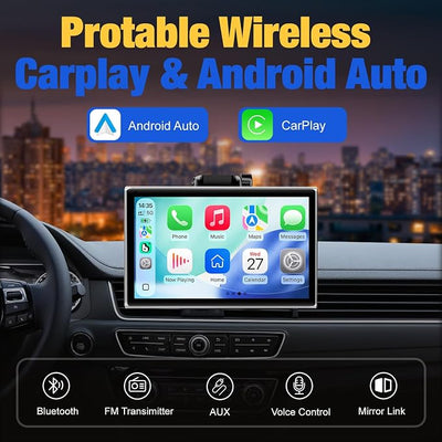 Carplay Screen for Car, 7 inch Wireless Carplay & Android Auto（Silver） | Portable Touchscreen car play with Mirror Link，Bluetooth，Voice Control，Map Navigation，FM Transmit，Plug-and-Play car stereo