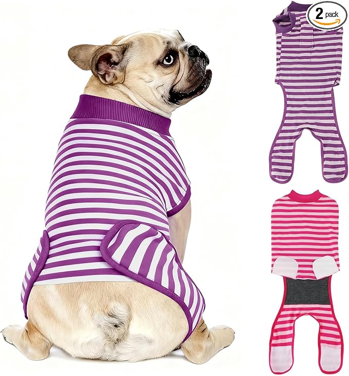 2 Packs Breathable Cotton Dog Recovery Suit for After Neuter Spay Abdominal Wounds Protector, Professional Anti-Licking Onesies for Male Female Pets Surgery Bandages, S Purple & Pink Stripes