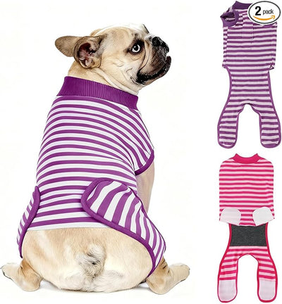 2 Packs Breathable Cotton Dog Recovery Suit for After Neuter Spay Abdominal Wounds Protector, Professional Anti-Licking Onesies for Male Female Pets Surgery Bandages, M Purple & Pink Stripes