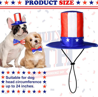 GOYOSWA 3 PCS Dog 4th of July Outfit, 4th of July Dog Clothes Uncle Sam Dog Top Hat, American Flag Dog Bow Tie Collar Red White and Blue Dog Bowtie for Small Medium Large Dogs (Dog Hat & 2xBow Tie)