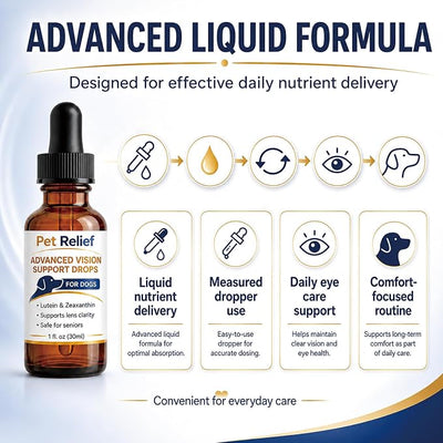 Pet Relief Advanced Vision, Gentle Daily Eye Support Drops for Dogs, Helps Maintain Clear & Comfortable Eyes, Clears Debris, Reduces Cloudiness, Easy Dropper Bottle