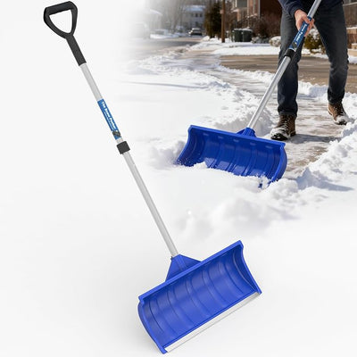 Snow Pusher Shovel for Driveway Car Garage, 24 Inch Snow Removal Plow with D-Grip Handle Aluminum Strip, Ergonomic Heavy Duty Wide Snow Shovel for Home Outdoor, Blue(24")