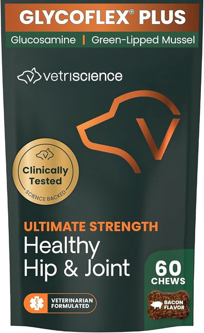 VetriScience Ultimate Strength Healthy Hip & Joint Chews, GlycoFlex Glucosamine, Chondroitin and Green-Lipped Mussel Joint Support Supplement for Dogs, Soothe Discomfort, Bacon, 60 Chews