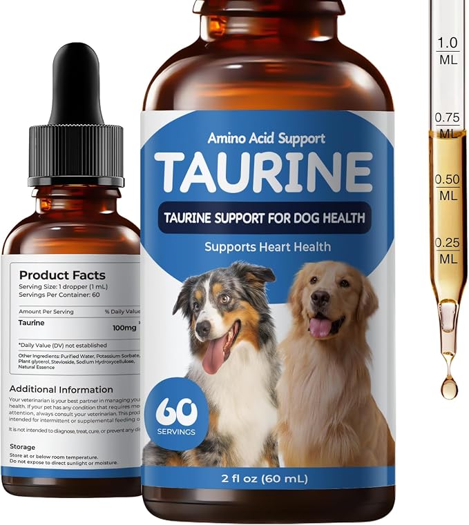 Taurine Liquid Supplement for Dogs, Daily Amino Acid Drops Supporting Heart & Muscle Function, Energy Balance & Physical Stability, 60 ml