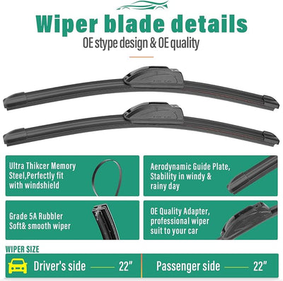 22" 22" 16" Windshield Wiper Blades Replacement for Chevy Tahoe Suburban Trailblazer Mercedes-Benz ML-Class Land Rover LR3 LR4 GMC Yukon Premium All Weather Front Rear Wipers Set(Pack of 3)