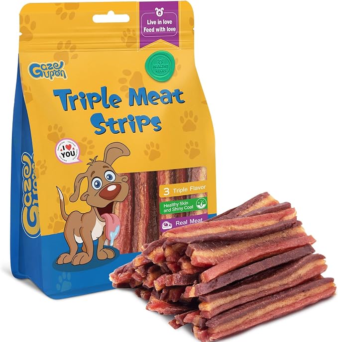Soft Dog Jerky Treats for Large Dogs, Triple Flavored Meat Strips, Healthy Training Snacks Made with Real Chicken, Duck, Beef
