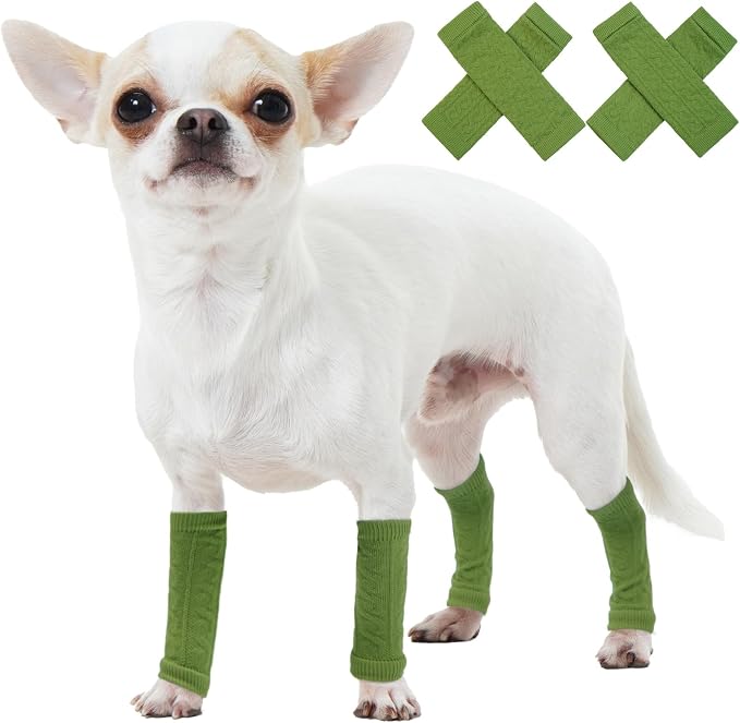 Dog Leg Wrap, 2PCS Front Leg and 2PCS Back Leg Knee, Dog Elbow Wrap, Dog Leg Warmer Wrap Protector, Pet Elastic Knitted Breathable Protective Socks for Chihuahua, Yorkshire Terrier Green S
