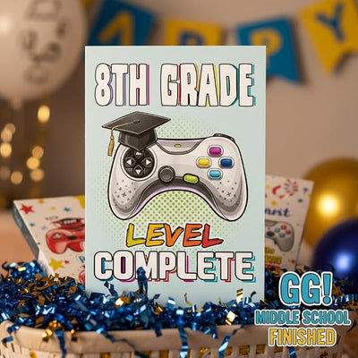 FLYAB 8th Grade Graduation Card for Boys - Funny Level Complete Design Middle School Graduation Card for Boys Best 8th Grade Graduation Gifts Gift with Gold Envelope & Sealing Sticker, 5.5 x 8 Inch