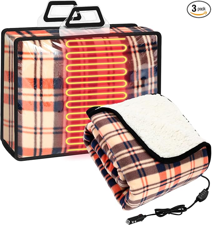 Tuanse 58 x 43 Inches 12 Volt Heated Car Blanket Plug in Portable Car Electric Blanket with Cigarette Lighter, Temperature Controller and Storage Bag for Rv Truck Traveling(Blue Yellow,Stripe)
