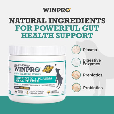 WINPRO Dog Probiotic Powder Meal Topper, Spray Dried Plasma with Prebiotics and Probiotics for Digestive Support and Gut Health for Dogs, All Breeds, Ages, and Sizes, 60 Scoops, Made in USA