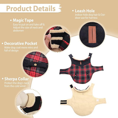 Winter Coat for Small and Medium Dogs, Puppy Plaid Jacket, Warm Coat for Cold Weather, Windproof Warm Dog Garments, Pet Thickened Outfits Indoor Outdoor, Red M