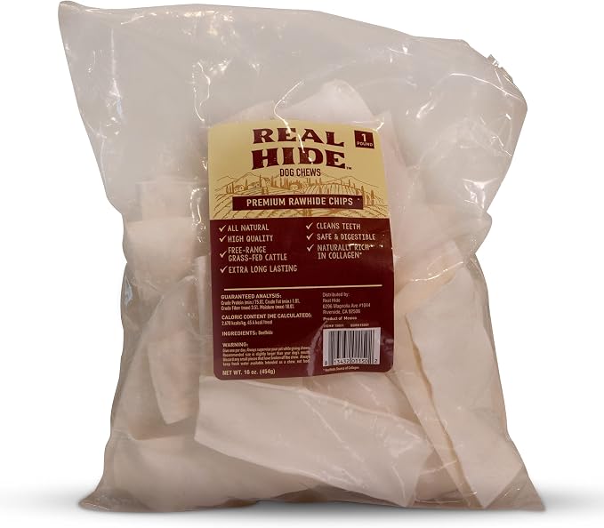 All Natural Dog Chew Treats - Premium Rawhide Chips - Long Lasting Grass Fed Free Range Beef Hide - Small/Medium/Large Dogs - 1 Pound