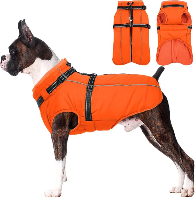 Dog Winter Coat Waterproof Dog Jacket with Harness Built in Windproof Reflective Pet Coats for Small Medium Large Dogs, Thermal Fleece Lined Coats for Cold Weather Walking Hiking, Orange, L