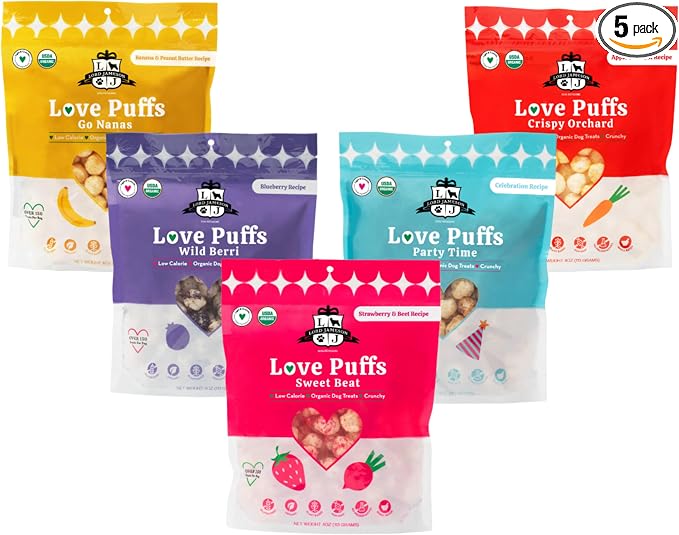 Lord Jameson Natural Dog Treats - Love Puffs 5-Flavor Complete Bundle - USDA Certified, Low Calorie - All Dogs - Gluten-Free, Sensitive Stomach - 5 x 4oz Pack