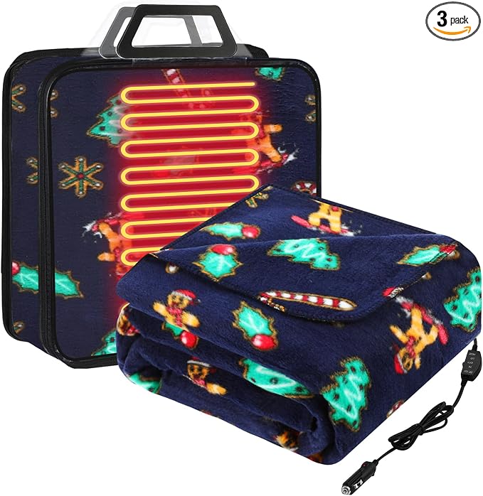 Tuanse 58 x 43 Inches 12 Volt Heated Car Blanket Plug in Portable Car Electric Blanket with Cigarette Lighter, Temperature Controller and Storage Bag for Rv Truck Traveling(Black,Gingerbread Man)
