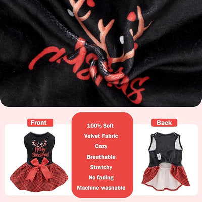 CuteBone Christmas Dog Dresses Velvet Holiday Small Dogs Clothes Onesie Pet Apparel Girl Puppy Skirt with Bow Hair Rope