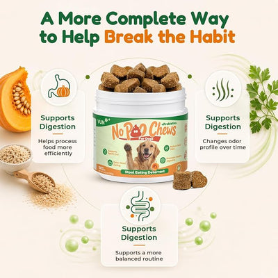 VUN No Poo Chews for Dogs – Coprophagia Stool Eating Deterrent for Dogs,Stop Poop Eating,Reduce Stool Odor & Support Digestion with Pumpkin, Digestive Enzymes & Yucca – 100 Soft Chews