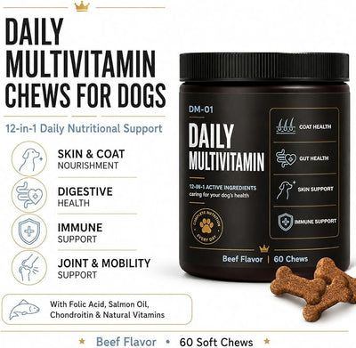 DM-01 Daily Multivitamin Soft Chews for Dogs, with Salmon Oil, Glucosamine HCl, Chondroitin, B Vitamins & Folic Acid, Skin & Coat, Joint, Digestive & Immune Support, Beef Flavor, 60 Soft Chews