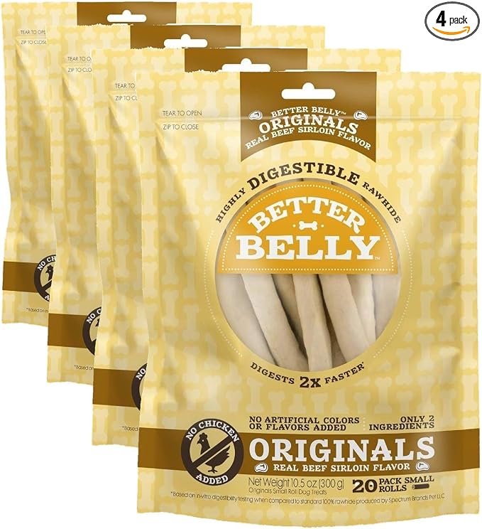 Better Belly Originals, Real Beef Sirloin Flavor, Small Rolls, Dog Chews, 20Count (P-50050NC) (Pack of 4)