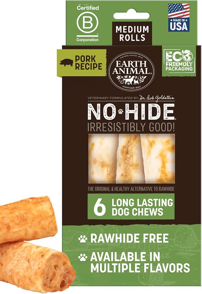 No Hide Chews - Long Lasting Rawhide Free Medium Dog Chews Rolls, Pork - 6 Count