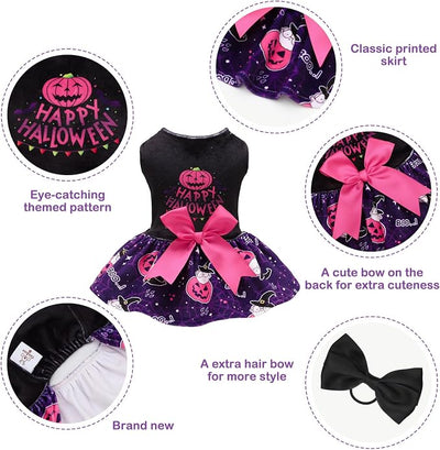 CuteBone Halloween Dog Dresses Velvet Holiday Small Dogs Clothes Onesie Pet Apparel Girl Puppy Skirt with Bow Hair Rope CVA60XS-D