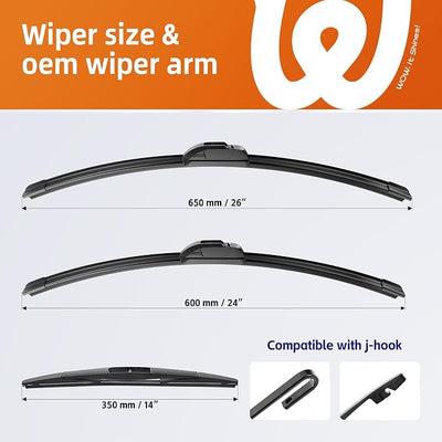 26"+24" Windshield Wiper Blades with 14" Rear Wiper Replacement for Honda Pilot 2016 2017 2018 2019 2020 2021 2022-OEM Quality All-Weather J Hook Wipers(Set of 3)