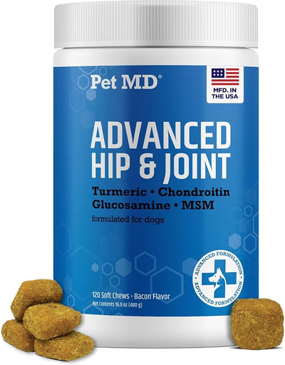 Pet MD Glucosamine for Dogs | Dog Joint Supplement with Glucosamine, Chondroitin & MSM - Inflammatory Pain Relief Chews for Hip & Joints - Bacon Flavored - Includes Yucca & Turmeric - 120 Ct