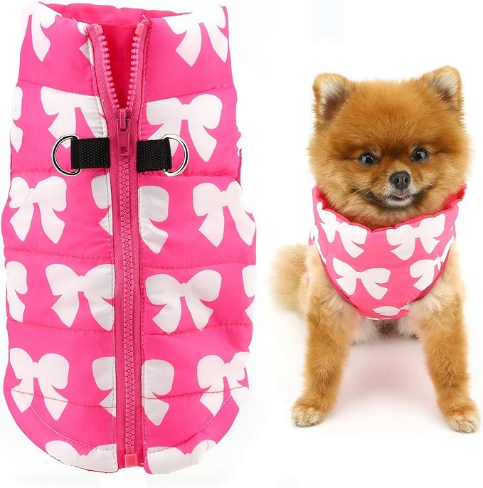 SMALLLEE_LUCKY_STORE Pet Water Resistant Winter Jacket Vest with D-Ring for Small Dog Cat Zip-up Padded Puppy Coat Chihuahua Yorkie Kitten Warm Clothes, Hot-Pink, L