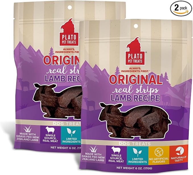 PLATO Pet Treats Real Strips Dog Treats – Lamb – Air-Dried High Protein Dog Treats – Limited Ingredient, Nutrient Dense, No Artificial Flavours– Made in USA – 6 oz