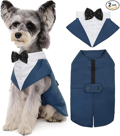 Kuoser Dog Tuxedo Dog Suit and Bandana Set, Dogs Tuxedo Wedding Party Suit, Doggy Prince Bow Tie Shirt Formal Pet Wedding Attire for Large Medium and Small Dogs Golden Retriever Samo Bulldogs
