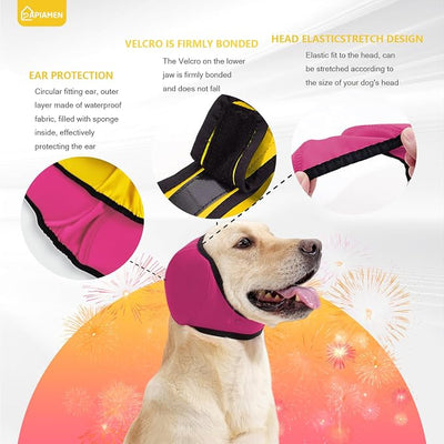 Dog Ear Covers,Dog Ear Muffs Noise Protection,No Flap Ear Wrap for Dogs Hematoma Recovery,Adjustable Calming Hoodie Shower Cap for Grooming,Bathing,Swimming & Anxiety Relief(Fuchsia&Yellow,L)