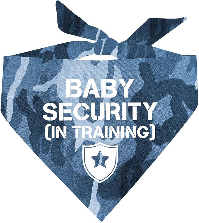Baby Security in Training Dog Bandana | 100% Cotton Adjustable Triangle | Made in USA | Pregnancy Announcement Photoshoot Prop | Gender Reveal | Assorted Colors & Sizes (Blue Camo, One Size)