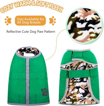 Queenmore Dog Winter Coat, Cold Weather Fleece Jacket for Dogs, Waterproof Reflective Reversible, for Small, Medium and Large Dogs (Green, XS)