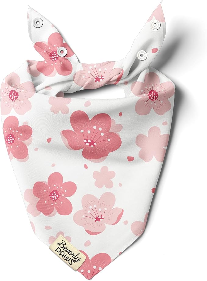 Snap-On Dog Bandana for Small Medium Large Pets, Dogs Cats Adjustable Handkerchief Scarf for Girl & Boy, Funny Cute Puppy Apparel & Accessories (Pink Flowers, Medium)