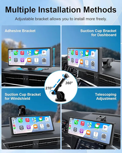 Wireless Carplay Screen for Car, 10.26" Apple Car Play & Android Auto Screen, Car Tablet, Audio Receivers Touchscreen with GPS Navigation/Mirror Link/Siri/FM (No Front & Rear Cameras)