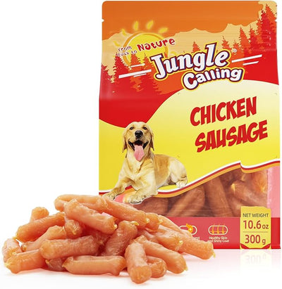 Jungle Calling Soft Chicken Sausage Dog Treats, Slow Roasted Tender Chicken Jerky for Small & Medium Dogs, Grain-Free High Protein Dog Training Treats, Easy to Chew, 10.6 oz