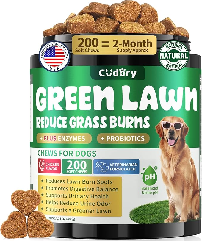 Dog Urine Neutralizer for Lawn - Green Grass Chews for Dogs, 200 Chew Female Pee Grass Burn Spot by Dog Urine, Gut Health Probiotics & Enzymes, Helps Yard Stay Green, with Cranberry for Urinary Tract